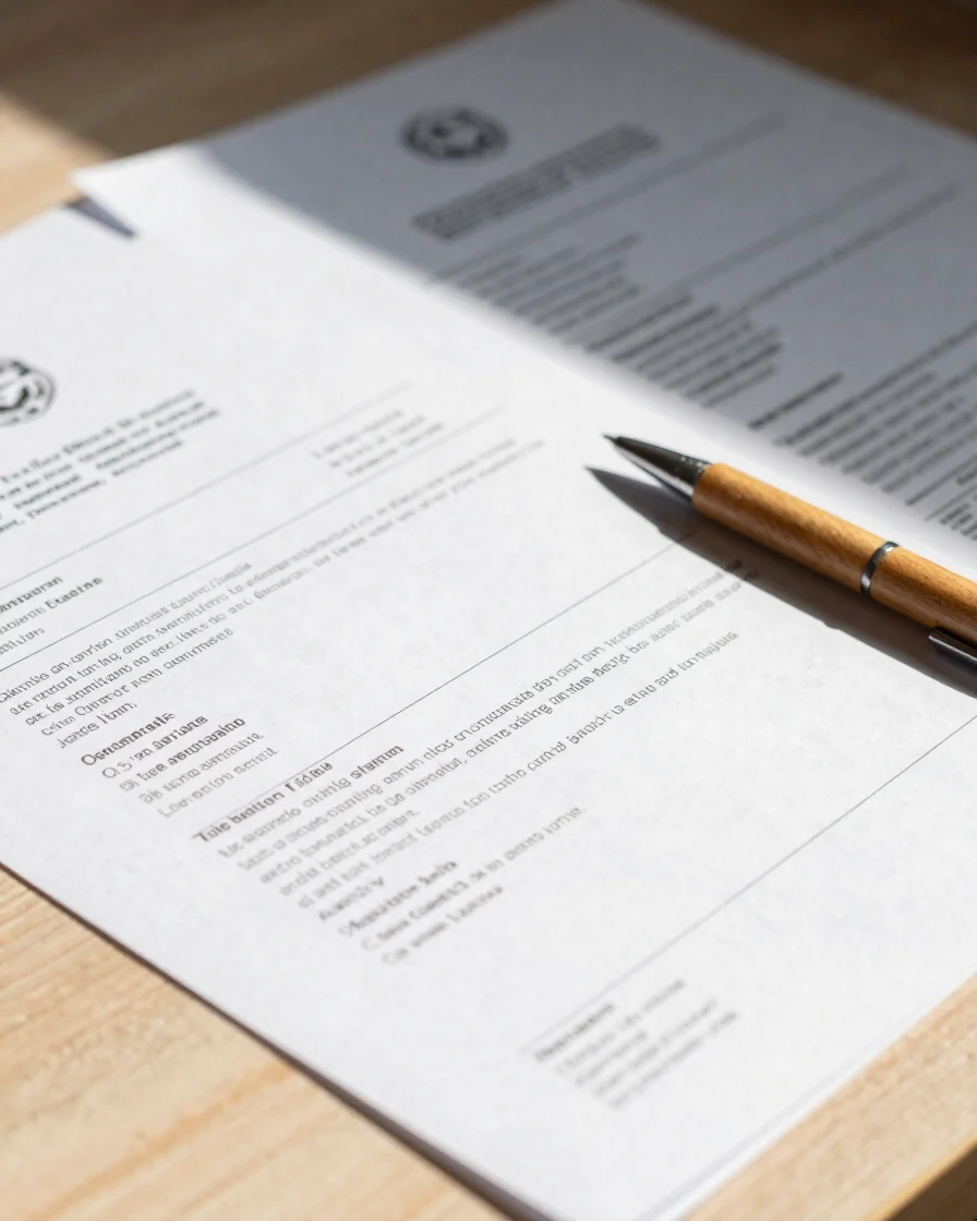 Close up of organized legal documents, official forms, and a wooden pen on a sunlit desk in Gran Canaria, warm natural l