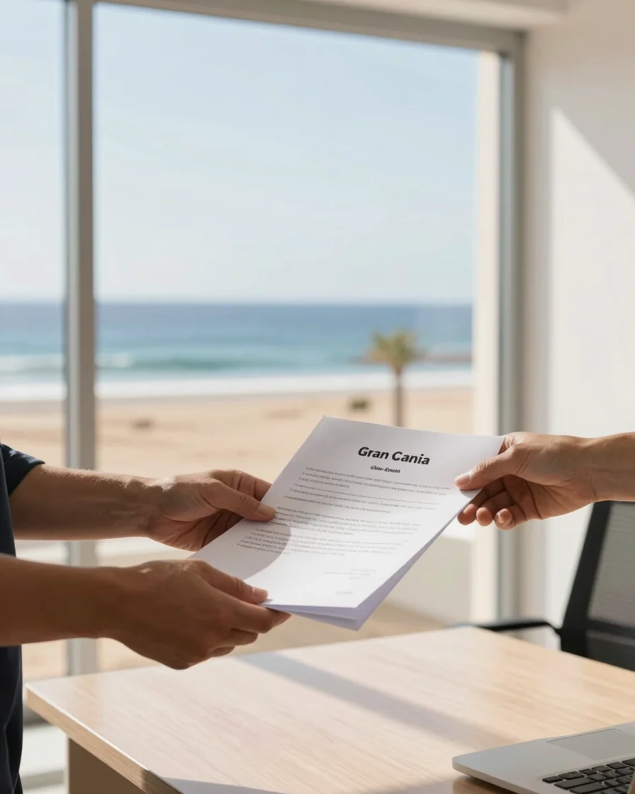Hands exchanging documents in a bright, modern office on Gran Canaria, a subtle view of the island through a window, war